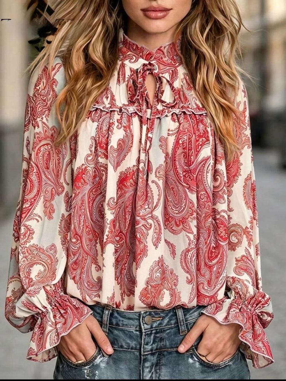 Boho Paisley Floral Print Tie-Neck Blouse Top Shirt